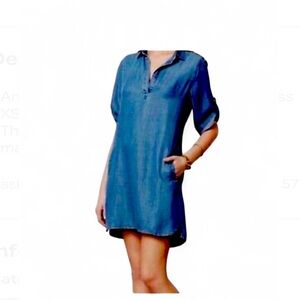 Anthropologie Cloth & Stone Dress Chambray Tencel Denim Short Sleeve Pockets XS